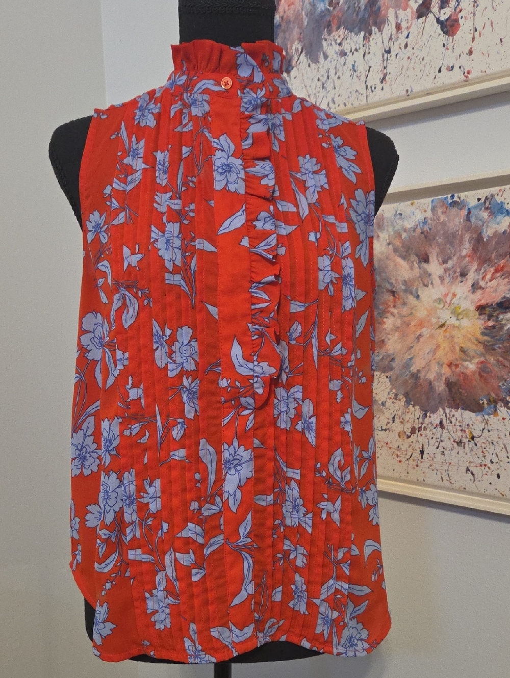 Ann Taylor Red Floral Print Sleeveless Top with Blue Accents